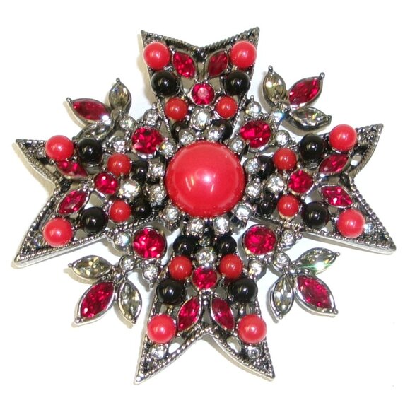 Joan Rivers Gripoix Red & Black Glass Rhinestone Maltese Cross Brooch - Picture 1 of 3